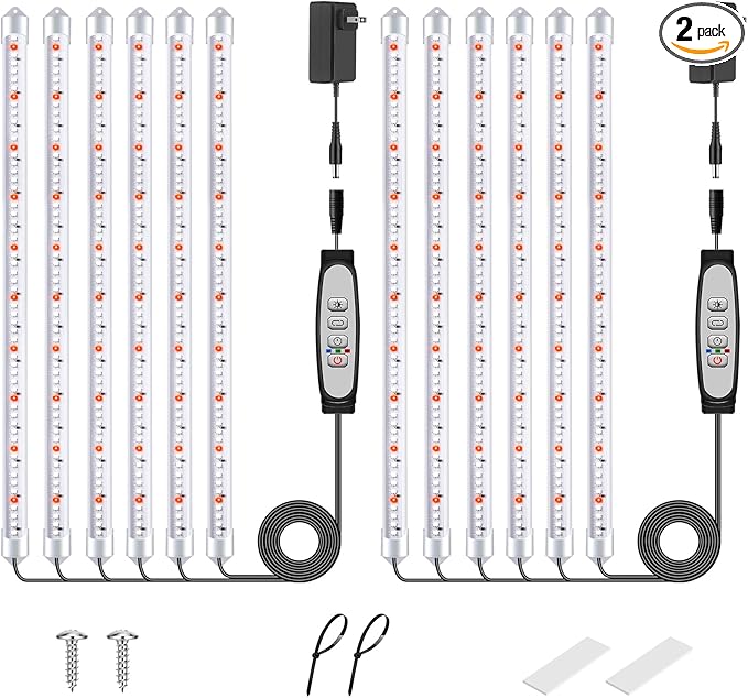 SDOVUERC 6 Bars Grow Light Strips for Indoor Plants with Auto ON/Off Timer 6/12/18H, 5 Dimmable Levels for Shelves Plant Growing(Pack 2)