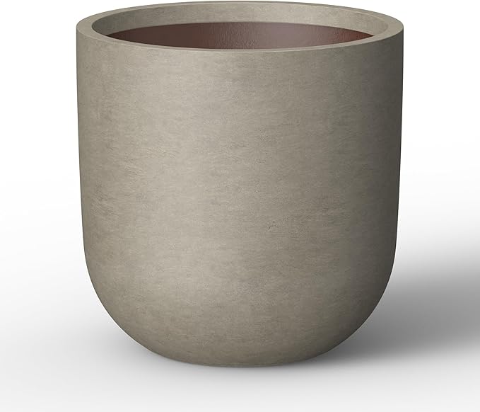 Kante 16.5" Round Concrete Planter, Large Cylinder Plant Pot with Curved Bottom and Drainage Hole, for Indoor and Outdoor Use – Garden or Patio, Weathered Concrete Finish with Painted Interior