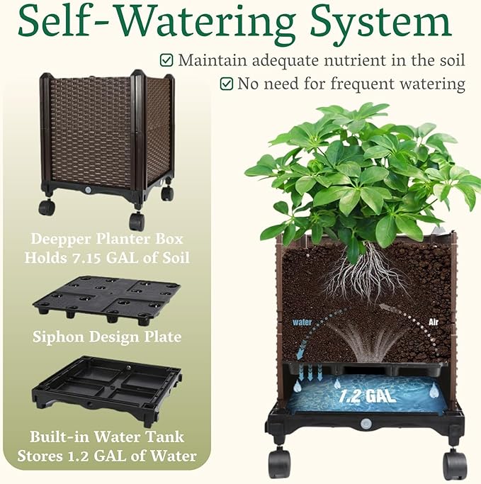 Raised Garden Bed Planter Box with Trellis | Self-Watering Tomato Planter with Wheels for Climbing Plants & Vegetable | Vertical Gardening Tomato Pot with Tomato Cage Indoor Outdoor Patio Greenhouse