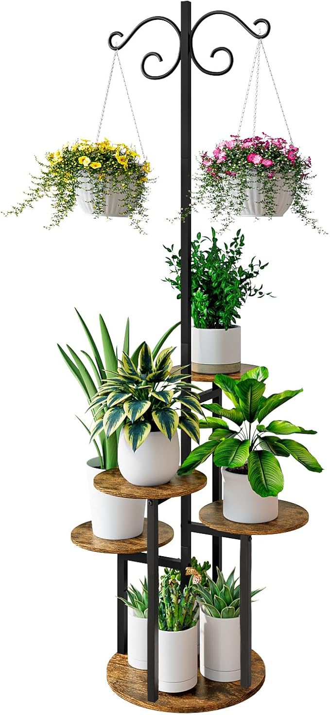 INGIORDAR Plant Stand Indoor Outdoor Corner Flower Stands Multiple Flower Pot Holder for Patio Garden Balcony Living Room 5 Tier with hook Black+Rustic Brown