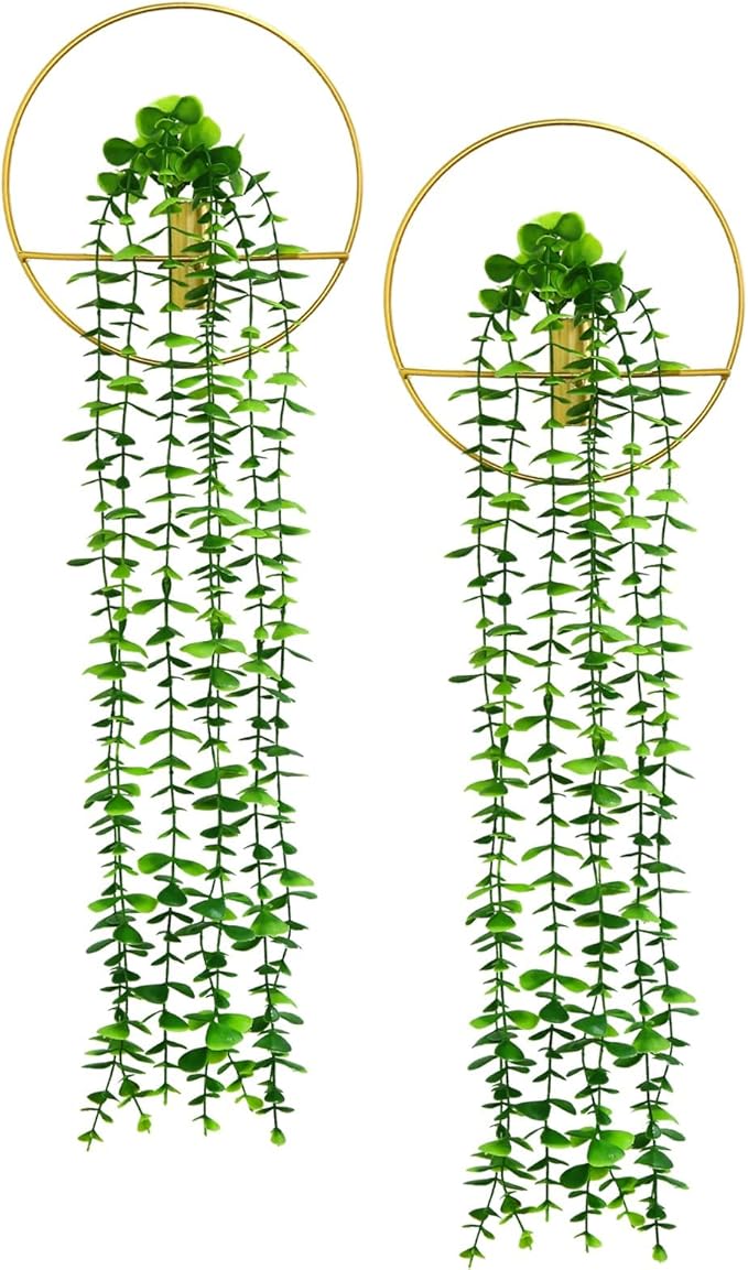 GREENTIME 2 Pack Fake Eucalyptus Hanging Plants 22" with 8" Round Metal Hanging Planter for Indoor Wall Decor Living Room Boho UV Resistant No Maintenance Office Decoration Outdoor