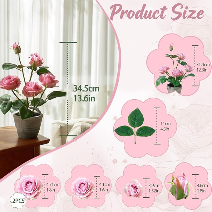 Rose in Pot Decor Potted Artificial Flowers Mini Plants Faux Flowers Indoor Small Decor Fake Roses for Home, Bathroom, Kitchen, Offices, Wedding Party Centerpieces (Rose Light Purple)