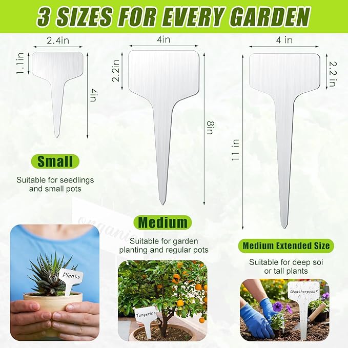 Hicarer 48 Pcs Metal Plant Labels Weatherproof Garden Markers 4" x 2.4" Engraving Stainless Steel 304 T-Type Plant Tags Reusable Nursery Tags for Outdoor Garden Greenhouse Vegetables Herb Flower Seed