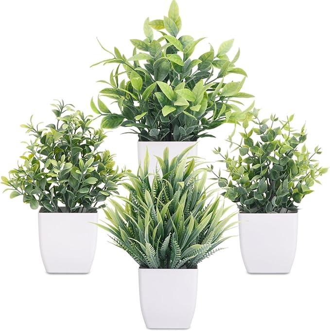 CEWOR Fake Plants 4 Packs Small Artificial Greenery Mini White Potted Plants Bathroom Accessories Decorations for Desk Bathroom Office Home Room Kitchen Table Indoor