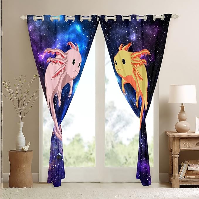 Feelyou Cute Axolotl Window Drapes Galaxy Axolotl Curtains for Kids Boys Girls Universe Outer Space Blackout Curtain Coastal Axolotl Window Treatments 52W X 63L，2 Panels