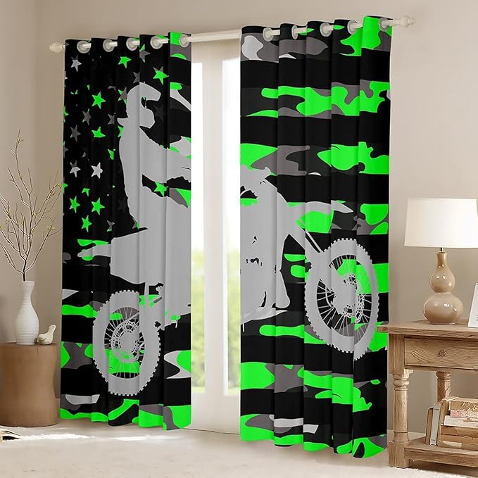 Feelyou Fluorescent Green Camo Curtains Bedroom Living Room Dirt Bike Darkening Drapes Boys Extreme Sports Blackout Curtains Camouflage Racing Motocross Rider Window Treatments, 2 Panels 42 x 63 Inch