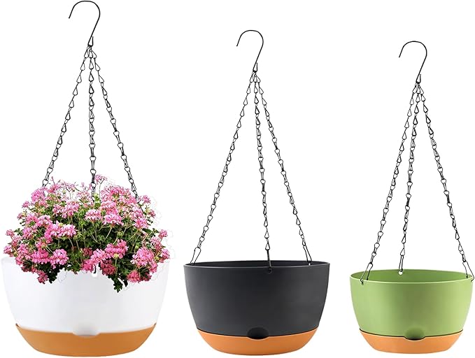 KPUVX 8/10/12 inch Hanging Planters for Indoor Outdoor Plants with Self-Watering Pots, 3 Pack Plastic Hanging Basket with Removable Tray for Home Garden Porch Balcony Patio Decor(White+Black+Green)