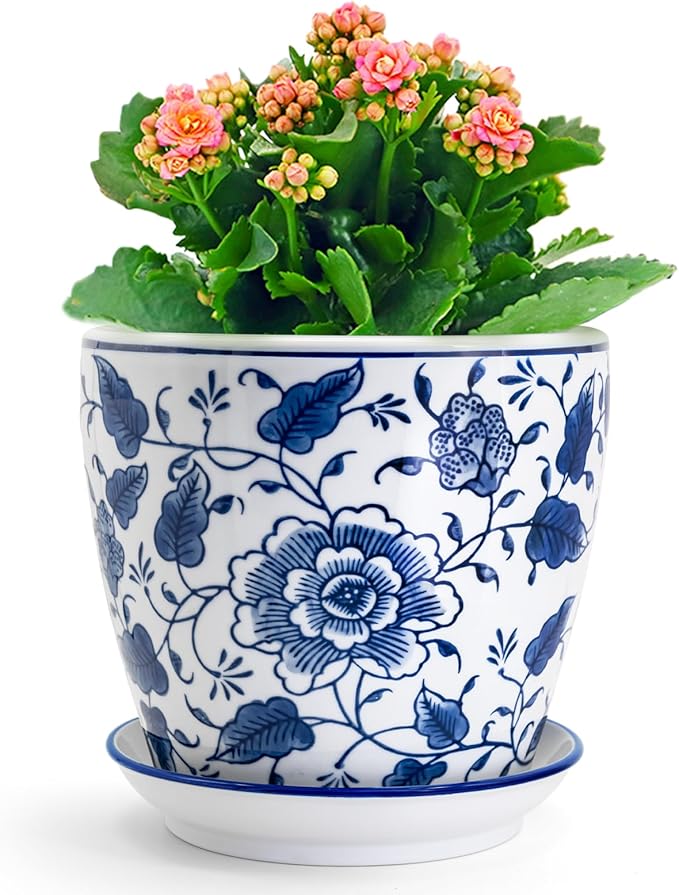HakkaGirl 8 inch Ceramic Planters for Indoor Plants, Chinoiserie Decor Ceramic Pots for Plants Flower Plant Pots Indoor with Drainage and Saucer, Blue and White