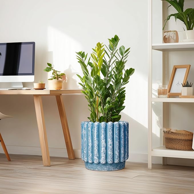 Ceramicfor Ceramic Pots for Plants - 12 Inch Planter with Drainage Hole, Round Large Flower Pots for Indoor Plants Outdoor, Fluted Decorative Ceramic Planter, Home Office Decor, Garden Gifts, Blue