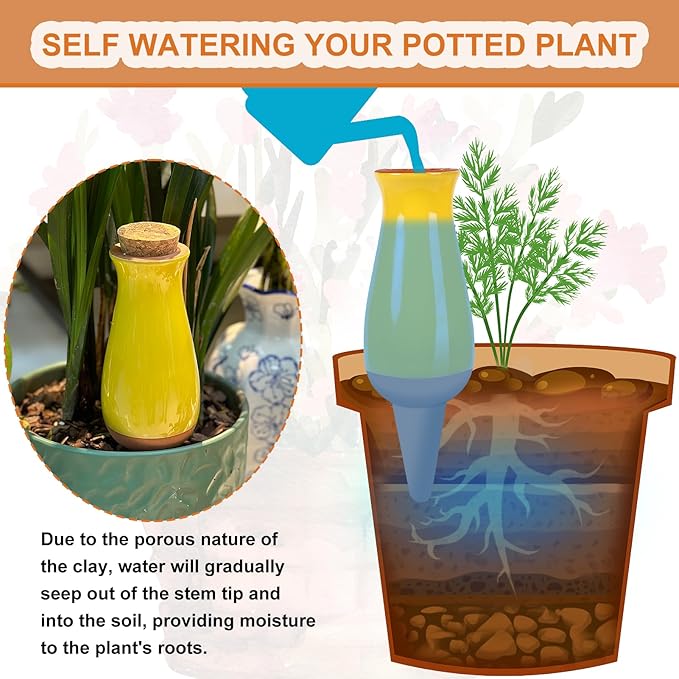 4 Packs Ollas Plant Watering Globes, 12 Oz Terracotta Self Watering Planter Insert, Automatic Watering Devices, Clay Drip Irrigation Stake for Indoor & Outdoor Plant, 1 Week Easy to Refill(Multicolor)