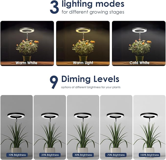 IMVSINCERE Halo Grow Light for Indoor Plants 72 LEDs - Adjustable Height （6.5-25 in） Full Spectrum LED Growing Lamp with Base, Auto On/Off Timer (3/9/12H), 10 Dimmable Brightness, 5V Adapter 160MM