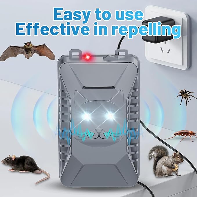 BORHOOD Ultrasonic Rodent Repellent, 1 Pack Plug-in Mouse Rat Pest Bat Squirrels Repellent for Car with Battery Powered Under Hood, Keep Mice Out of Cars Engines, Indoor, Garage, Storage Room-Gray