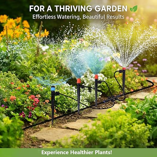 230FT Garden Irrigation System with 40 Nozzles & Emitters, Automatic Watering System with 1/2" & 1/4" Tube and Barbed Fittings, Garden Sprinkler for Raised Beds, Greenhouse, Lawn