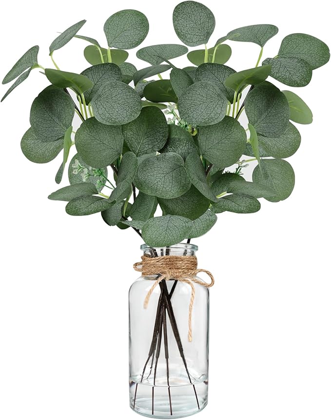 Bessol Artificial Eucalyptus Stems in Glass Vase 14" 6Pcs Faux Eucalyptus Branches Home Table Decor Fake Greenery Plants Stems for Farmhouse Wedding Centerpiece Bathroom Decorations