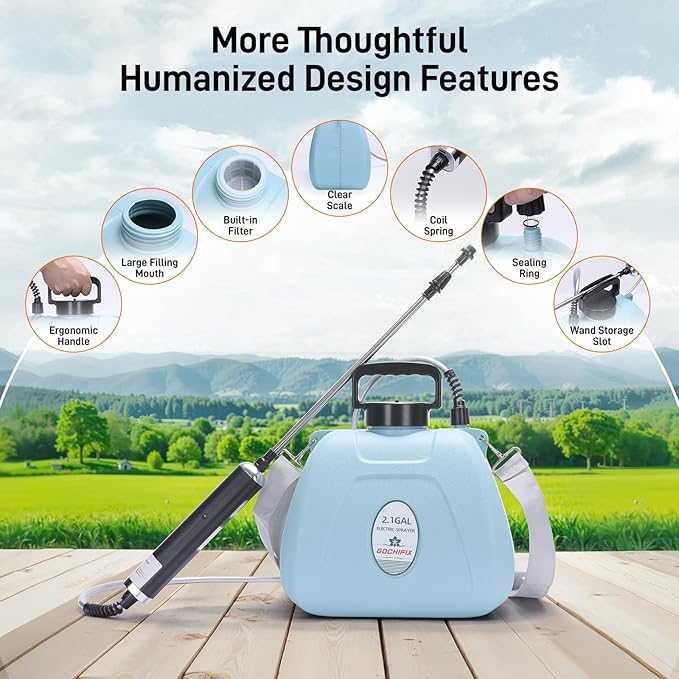 GOCHIFIX Electric Garden Sprayer 2.1 Gallon, 4 Mist Nozzles, Telescopic Wand, Adjustable Shoulder Strap, USB Rechargeable Waterproof Handle, Automatic Plant Mister for Lawn Garden