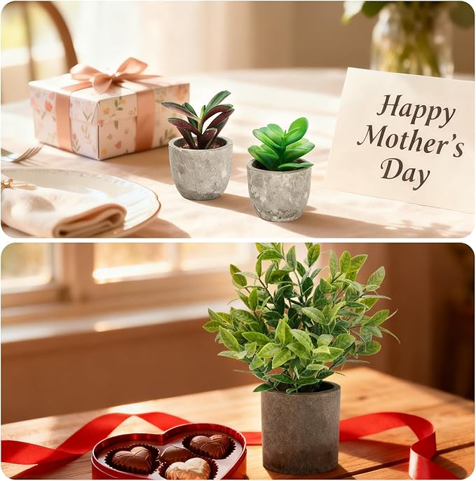 AUUGUU Artificial Potted Plants Faux Greenery in Cement Pots for Shelf, Bookshelf, Office or Home Decor, Small Decorative Fake Plants for Modern Indoor Display (9, XXXL)