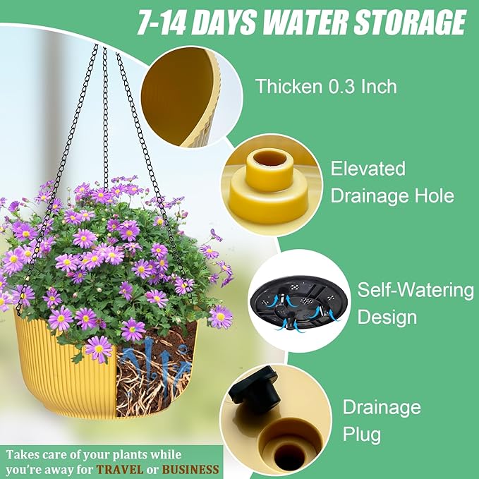 RooTrimmer Hanging Planters 9/10/11 Inch for Indoor Plants, 3 Pack Plant Hanger Outdoor with Drainage Holes, Self Watering Hanging Basket Flower Pot for Garden Home Decor, Yellow