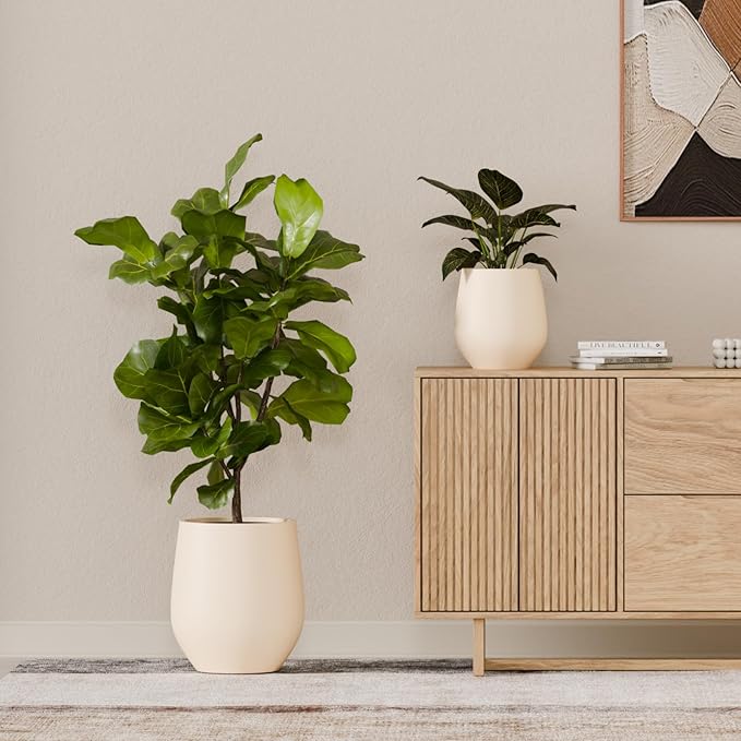 KUTE NEST 12.5" H x 11.4" D Premium Corso Fiberstone Round Tapered Planter with Drainage Hole, Smooth Finishes, Weather Resistant, Included 2 Extra Coco Mats (Kilim Beige, 9" Pot Opening)