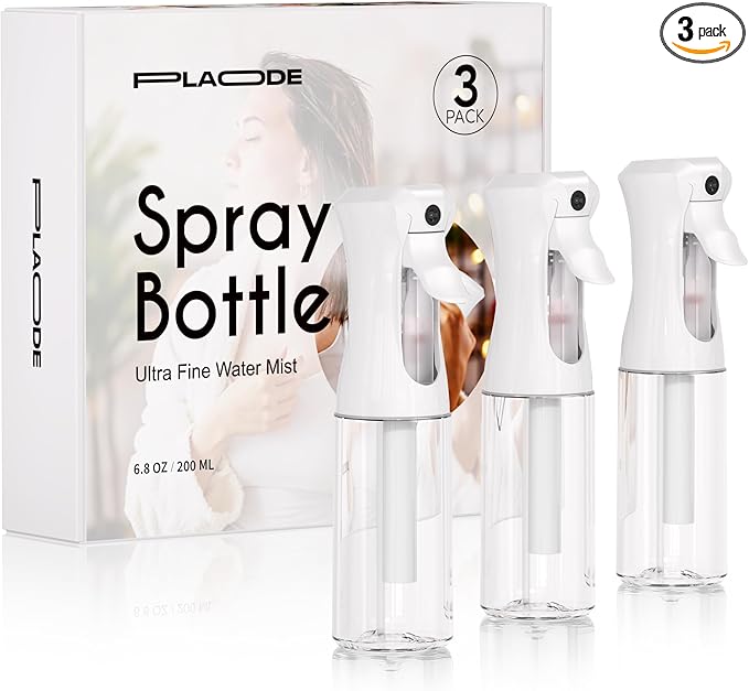 3 Pack Continuous Spray Bottles - Ultra Fine Mist Sprayer, Refillable Water Sprayer for Hairstyling, Plants, Pets, Cleaning, Skincare (6.8 OZ/200ML,White)