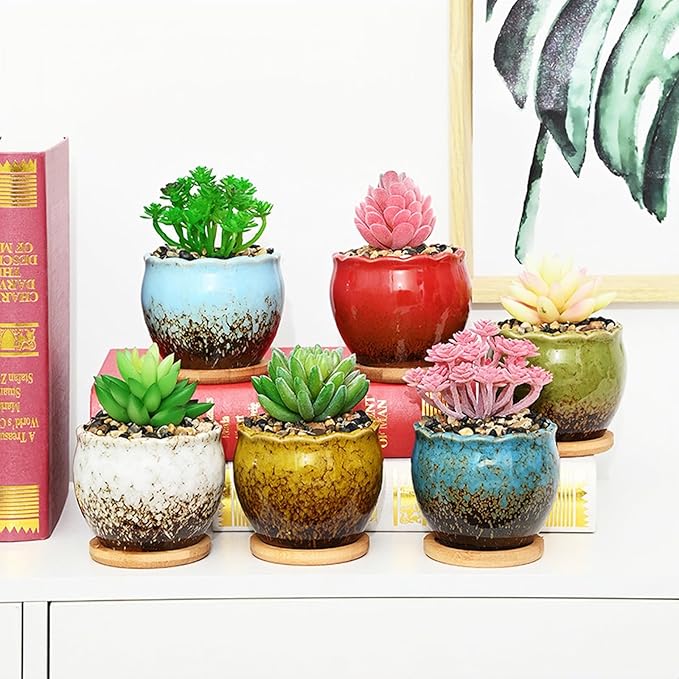 Cute Circular Ceramic Home Garden Decoration Succulent Cactus Flower Pots Container with Bamboo Tray -Plant Not Included (White, 3.9 Inch)