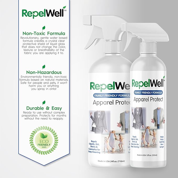 RepelWell Apparel Protect (12oz) Stain & Water Repellent Spray – Non-Toxic, Eco-Friendly, Pet-Safe Sprays for Clothing & More
