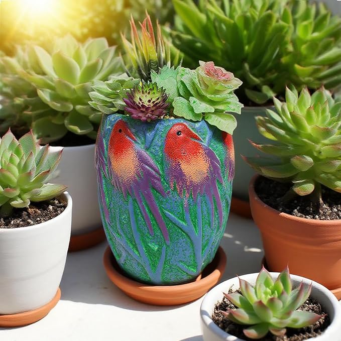 6.2" H Ceramic Flowerpot with Bird Pattern, Green Glazed Oval Planter, Boho Indoor Outdoor Succulent Container with Drainage Hole