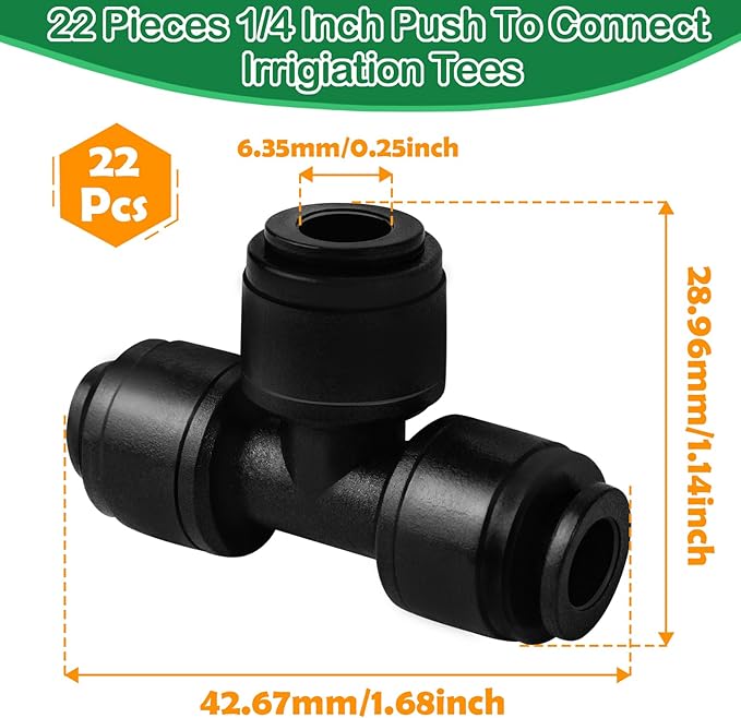 1/4 Inch Drip Irrigation Tee Fittings, 22 Pieces Push-to-fit Tee Connectors for 1/4" Irrigation Tubing Leak Free Drip Line T Parts for Garden Lawn Irrigation System