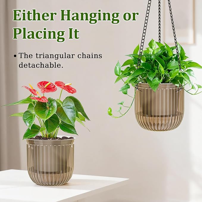 Halatool 2 Pack Hanging Planters Indoor Plant Pots, 6.5" & 8.3" Self Watering Hanging Basket Flower Pot, Translucent Plant Hanger with Drainage Holes for Garden Home Wall Decor (Starry Gray)