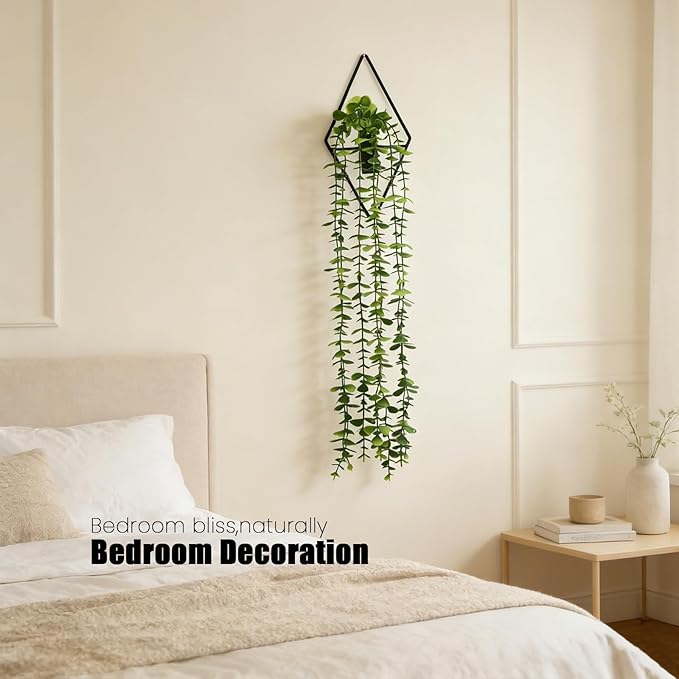 GREENTIME 2 Pack Fake Eucalyptus Hanging Plants 22" with 9.8" Diamond Metal Wall Planter UV Resistant No Maintenance Boho Wall Decor for Indoor Outdoor Bedroom Living Room