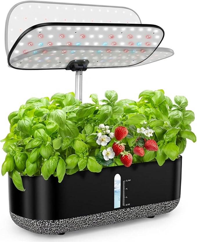 Hydroponics Growing System with LED Grow Light, 14 Pods Indoor Herb Garden Full Spectrum Rotatable Light Panel, Auto On Off Timing 12 14 16Hrs, 5L Water Tank, Harvest Fresh Basil Tomato (Black)