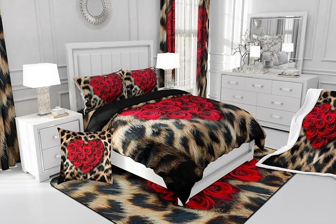 Erosebridal Leopard Print Blackout Curtains,Southwest African Big Cat Cheetah Skin Window Treatments 2 Panels 42" Wx84 L,Tropical Woodland Wild Animals Fur Curtains & Drapes,Romantic Red Rose Window