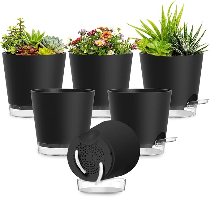 Plant Pots 7 Inch Self Watering Pots, 6 Pack Plastic Planters with Drainage Holes and Clear Saucers,Plastic Flower Pots for Indoor Out Door Plants (Black)