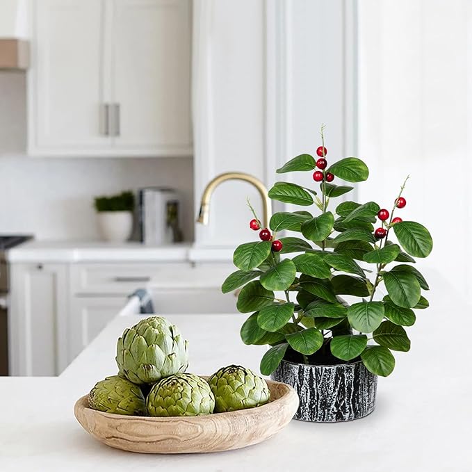 GnFlus Artificial Plants Decor Greenery Fake Ficus Leaf with Red Seeds Indoor Potted 14" Fake Plant in Rustic Black Ceramic Planter for Farmhouse Room Christmas Kitchen Office Table Desk Decor