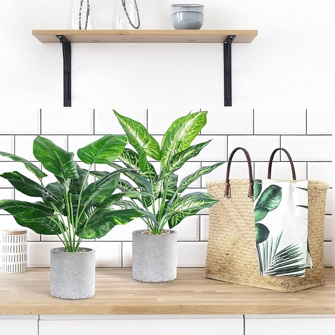 JC nateva 2pcs 16" Fake Plants Artificial Plants Tropical Faux Plants Indoor for Bathroom Kitchen Office Home Sage Green Decor