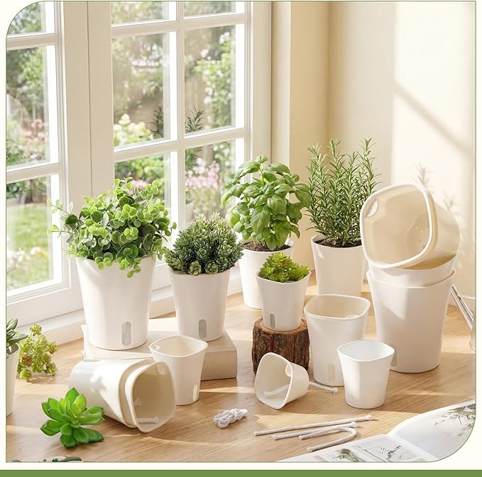 Ziliny 9 Pcs Self Watering Pots Plastic Plant 3 Sizes Flower Plant Pot with Inner White Flower Pots for Indoor House Plants Plastic Self Watering Pot for Herbs Flowers (Xs,S,M)