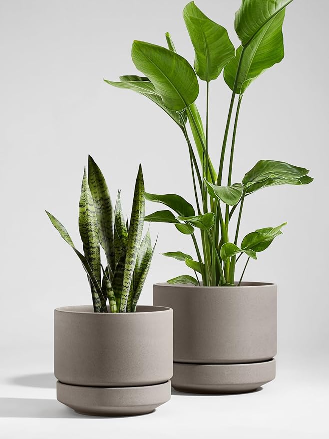 LE TAUCI 12 Inch Pots for Plants with Saucer | Ceramic Outdoor & Indoor Planter Pot for Plants | Drainage Hole, Mesh Pad & Plug | Unglazed Porous | Modern for Home, Office and Patio – Neutral Gray