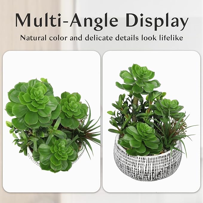 Villa Como 10” Large Succulents Plants Artificial in Ceramic Pots Potted Faux Succulent Arrangement with Black Bowl Pots Fake Desk Succulents Plants for Home Bathroom Shelf Table Indoor Decor