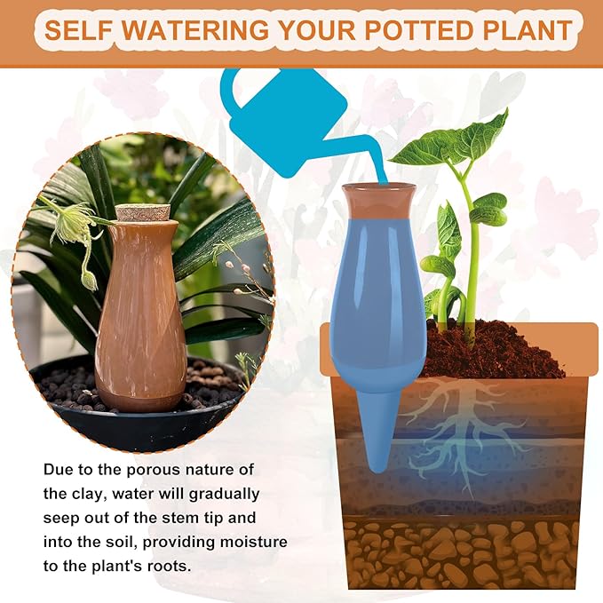 4 Pack Terracotta Plant Watering Globes, 12Oz Ollas Self Watering Pots for Indoor Outdoor Plants, Automatic Plant Drip Irrigation Device, Clay Planter Insert, Up to 1 Week, for Vacations Potted Plant
