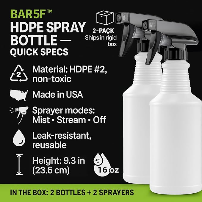 Bar5F Chemical-Resistant Spray Bottle – BPA-Free, Durable, Adjustable Nozzle for Cleaning, Gardening, Hydrogen Peroxide, Rubbing Alcohol, Leak-Proof, Multipurpose (Black (2-Pack) 16-Ounce)