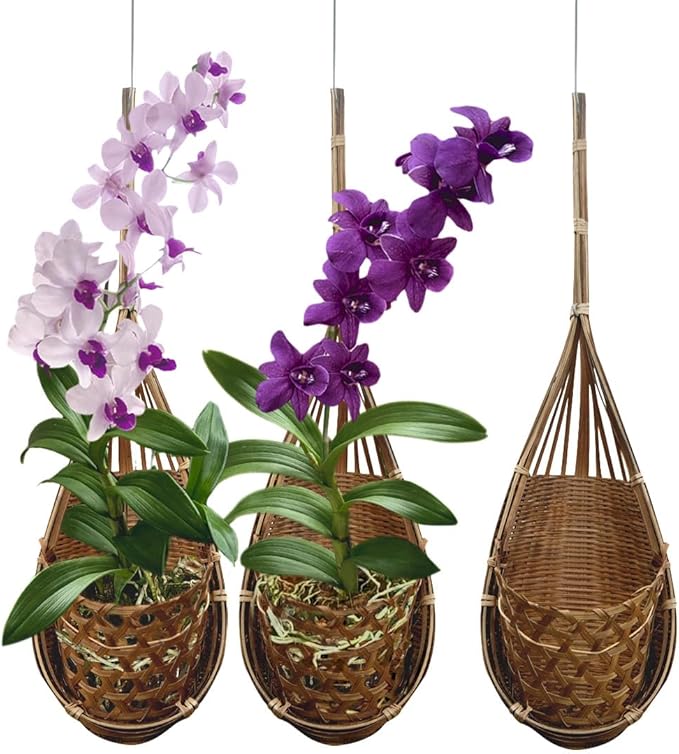 Handmade 100% Thai Bamboo Hanging Orchid Basket – 4 Inch Set of 3 for Mom & Spring Seasonal Decoration