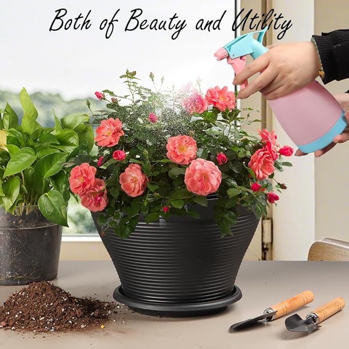 RooTrimmer 4 Pack 12 Inch Plant Pots with Saucers, Plastic Flower Pots with Drainage Holes, Large Planters for Indoor Outdoor Garden, House Plants, Flowers, Herbs, Gardening Gifts, Black