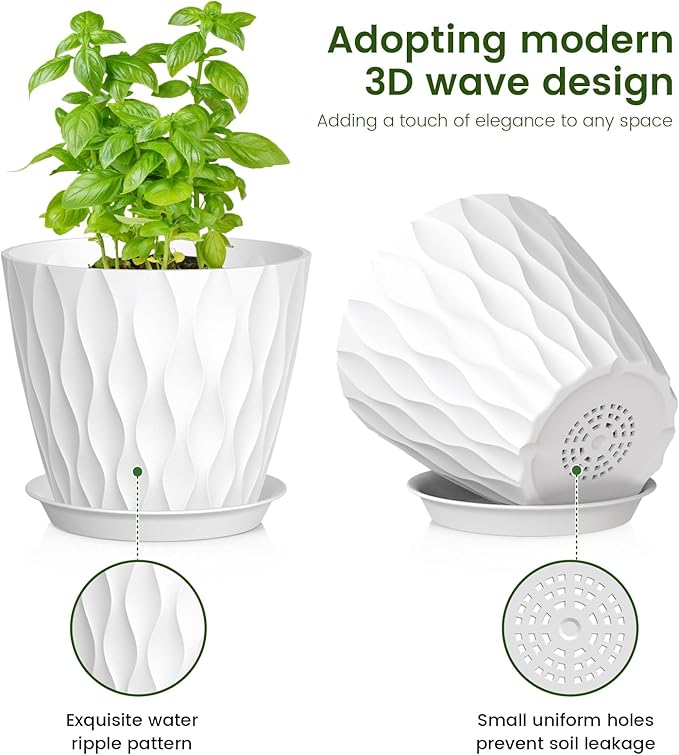 Meowell 7/6.5/6/5.5/5/4.5/4 inch Plant Pots for Indoor Outdoor Plants, 7 Pack Thick Flower Pots with Drainage Holes and Saucers, Modern Wave Texture Plastic Planter Pots for Nursery, Succulent, White