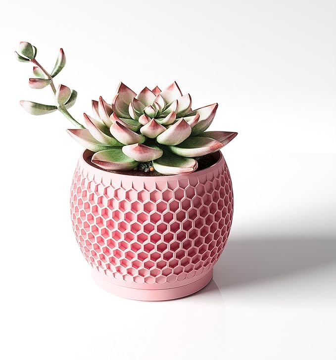 Plant Pots, Modern 3D Printed Honeycomb Planters for Indoor Plants, 4.7 Inch Cherry Pink Decorative Flower Pot for Office Desktop, Bookshelf & Home Decor, Lightweight & Durable.