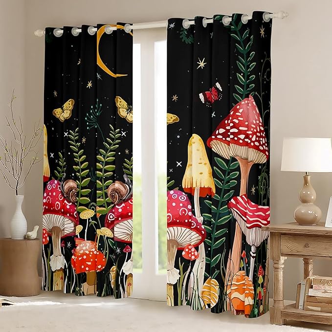 Feelyou Kids Room Decor Mushroom Window Curtains Bedroom Living Natural Wild Fungus Curtains Kids Room Decor Boys Girls Botanical Plants Window Drapes Butterfly Window Treatments 42W X 90L，2 Panels