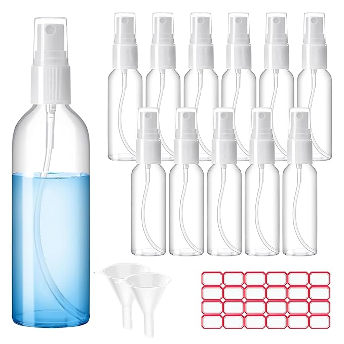 Zoizocp Spray Bottles, 1oz/30ml Clear Empty Fine Mist Plastic Mini Travel Bottle Set, Small Refillable Liquid Containers with 2pcs Funnels and 24pcs Labels (12 Pack)