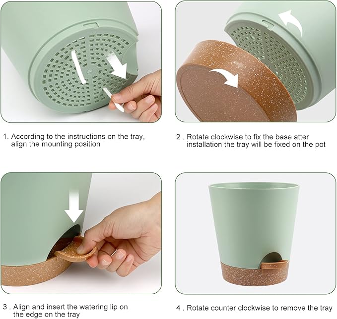 YNNICO Indoor Self Watering Planters with Drainage Holes and Saucers, 8, 7, 6.5, 6, 5.5, 5 Inches, Green, 6 Pots.