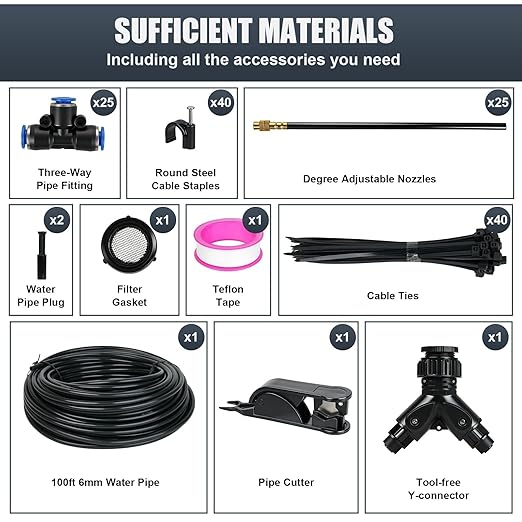 100ft Drip Irrigation System, Automatic Garden Watering System with 25 Adjustable Sprinkler Nozzles, Irrigation Hose Kit for Yard, Lawn, Plants, Atomizing System