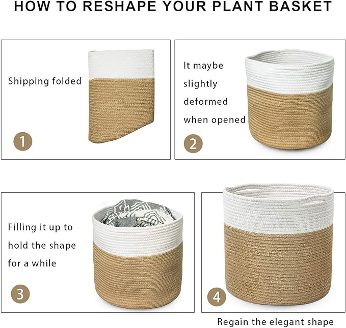 TIMEYARD Jute Rope Plant Basket Large Modern Woven Basket for 11'' Flower Pot Floor Indoor Planters, 12''x12'' Storage Baskets Rustic Home Decor White and Jute