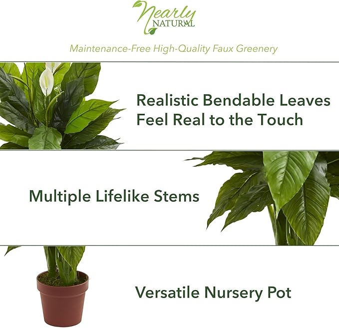 Nearly Natural 42in Artificial Peace Lily Spathiphyllum, Real Touch Silk Plant Faux Greenery for Indoor Home Decor