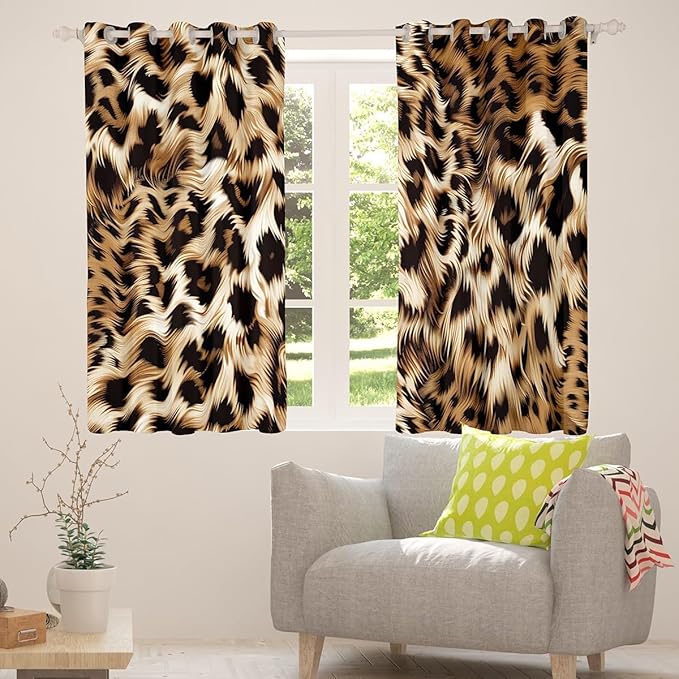 Feelyou Leopard Print Curtains Cheetah Print Window Drapes Kids Room Decor Boys Girls Wild Animal Print Window Treatments Leopard Fur Window Curtains Bedroom Living Room 38W X 45L,2 Panels